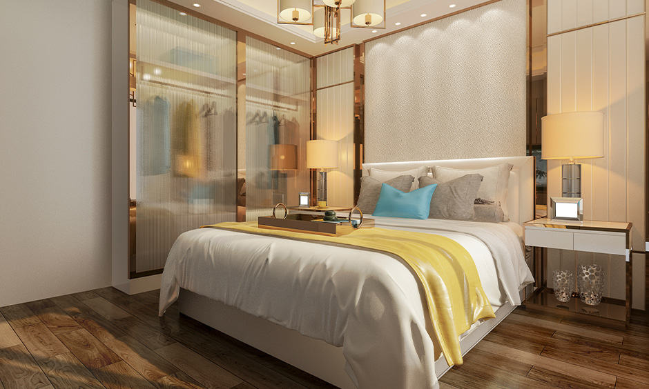 Master bedroom wardrobe design with translucent doors