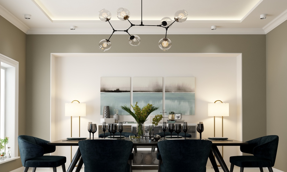 Minimal fall ceiling design with luxe lights looks aesthetic is the latest fall ceiling design for dining hall.