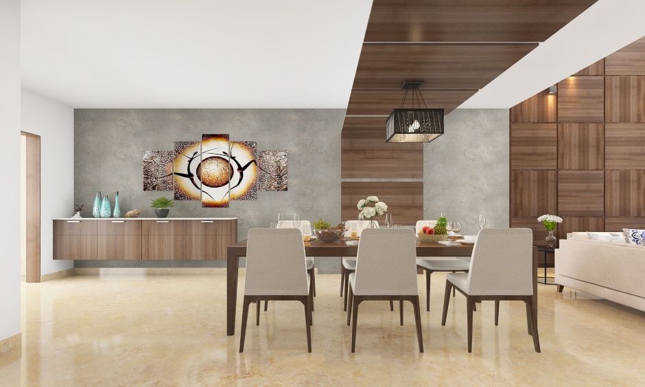 Latest modern dining hall ceiling design with a wooden ceiling streak and chandeliers creates an iconic dining space.