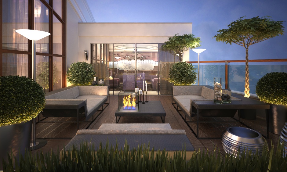 Modern terrace garden design ideas, Choose plush furniture, pair coffee tables and candles to complete the rich look.