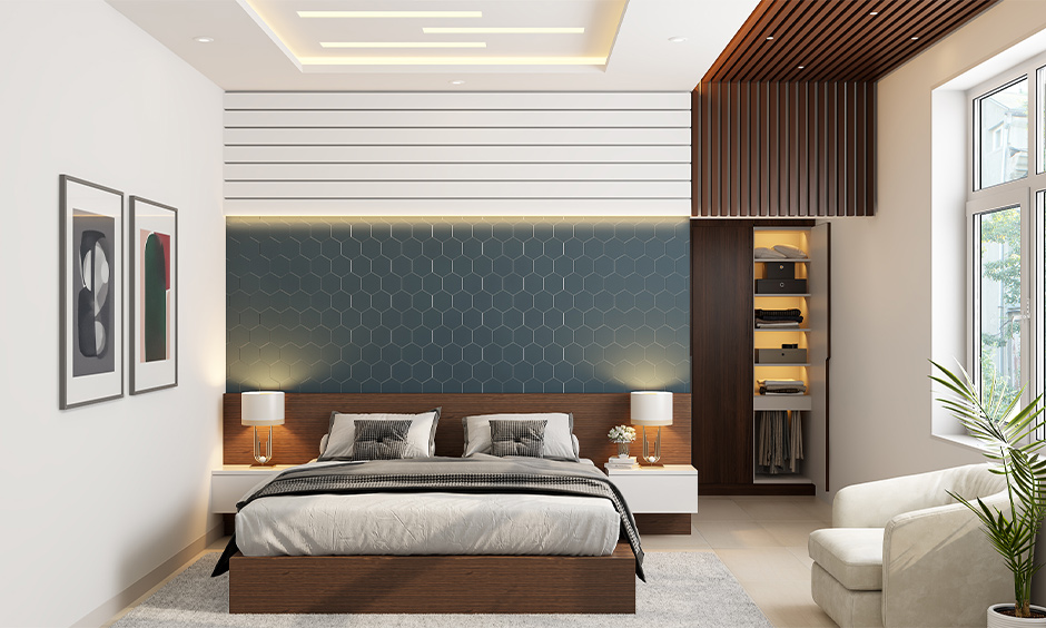 Pop ceiling bedroom with cove lighting, a wooden panelled false ceiling on the other end of the room brings a modern look.