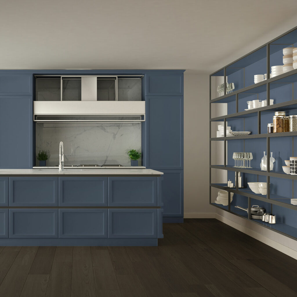 Modular Kitchen Colour Combination of Blue and Grey kitchen cabinets with kitchen wall colour combination