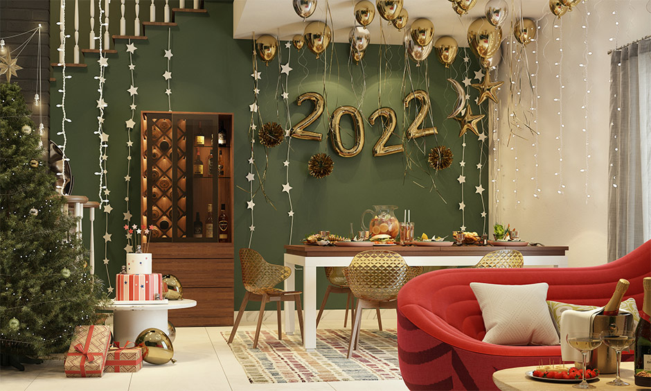 New year party decoration ideas for the dining room with a long table, balloons and streamers are perfect during the pandemic