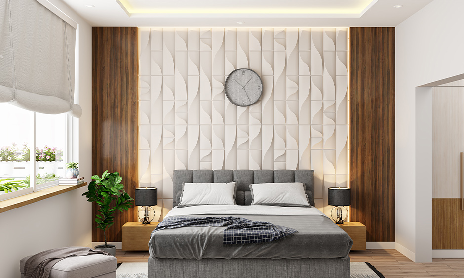 Pop 3d wall panelling design behind the headboard adds depth and character to space is the latest pop design for the bedroom.