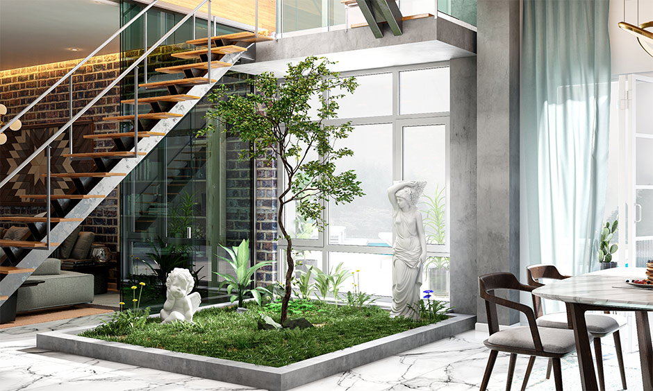 Latest pop design living room with a small garden and pop statues enhance the beauty of the area.