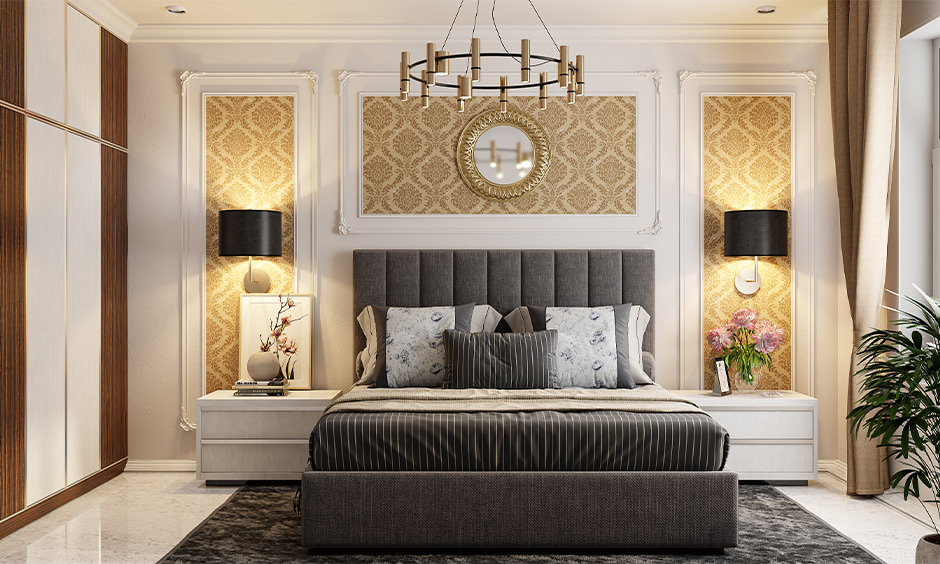 Pop design for master bedroom, POP wall moulding & gold wallpaper lends a classy look to the area.