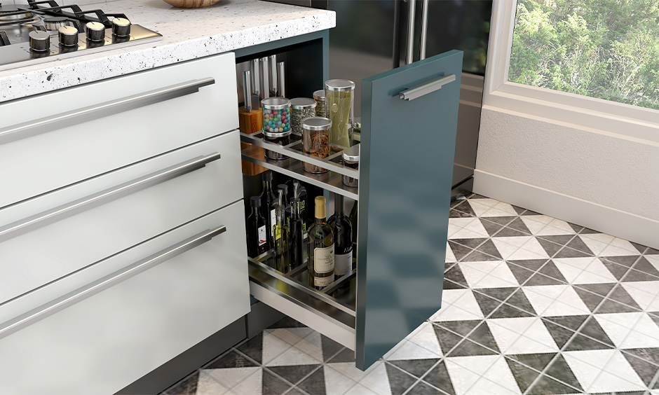 Pantry pull-out stainless steel shelf rack for the kitchen is a smart way to hassle-free storage of bottles and jars.