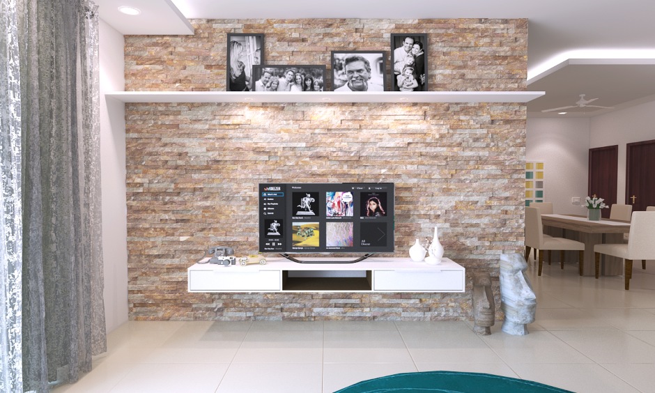 Interior stone wall cladding design for tv unit background in the living room looks great.