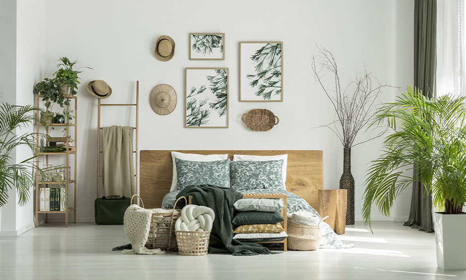 Rustic bedroom corner wall shelves custom-made from reclaimed wood and placed indoor plants look modern.