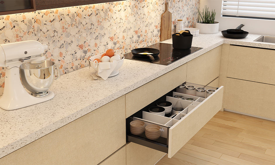 Kitchen Cabinet Drawers that uses separators to prevents a messy pile-up