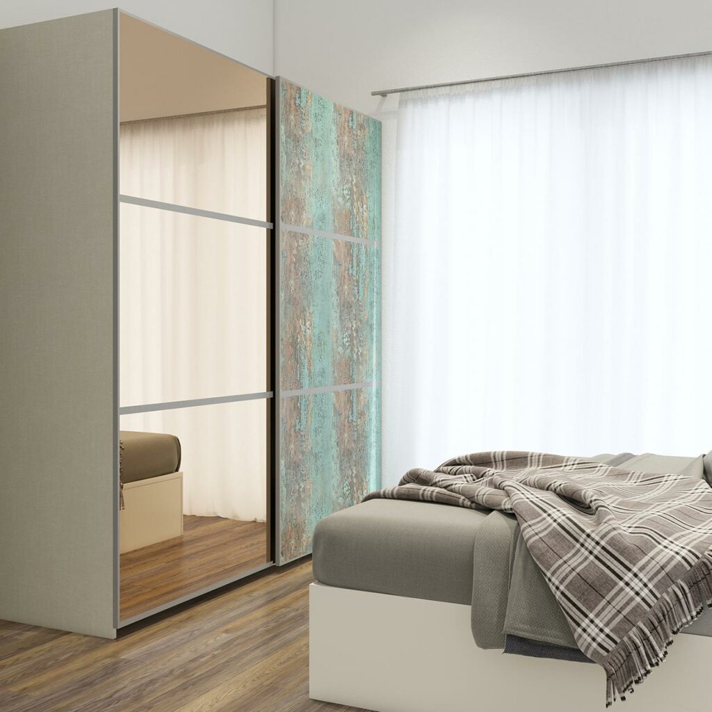 Sliding wardrobe design for bedroom in minimalist look with a rustic touch