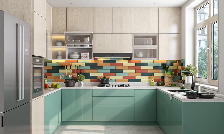 Colourful laminate backsplash idea for u-shaped kitchen