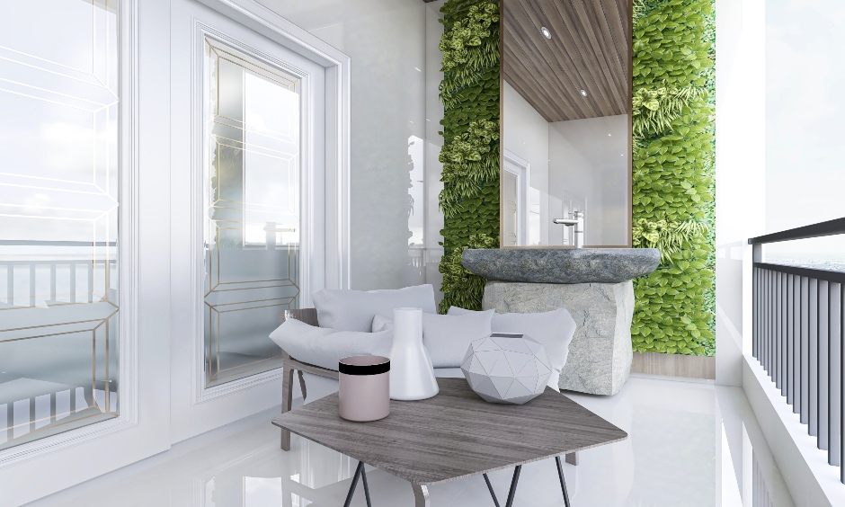 Balcony with stone wash basin and a long mirror against the wall is the modern yet rustic balcony wall design.