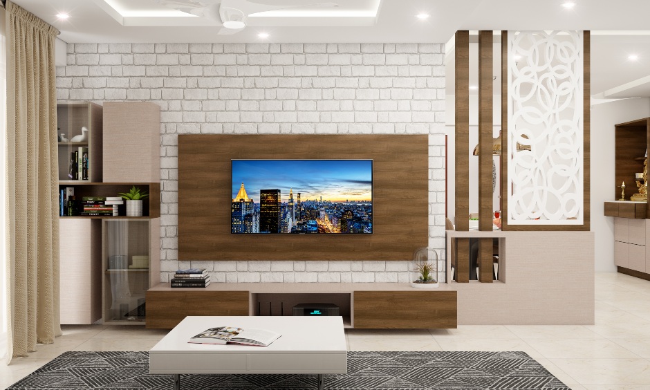 White cladding wall stone against tv wall brings a statement wall in the living room.