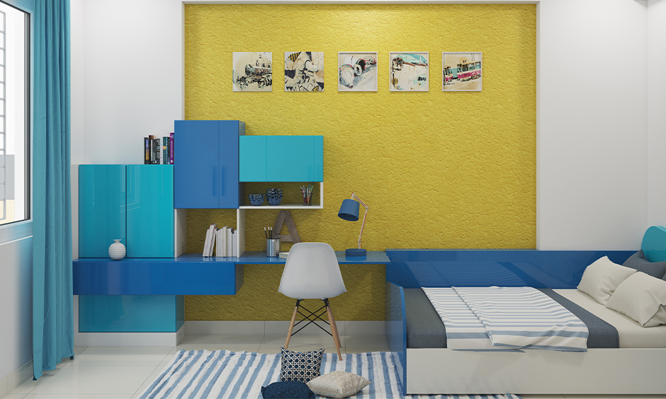 Yellow and white  wall light colour combination for small bedroom