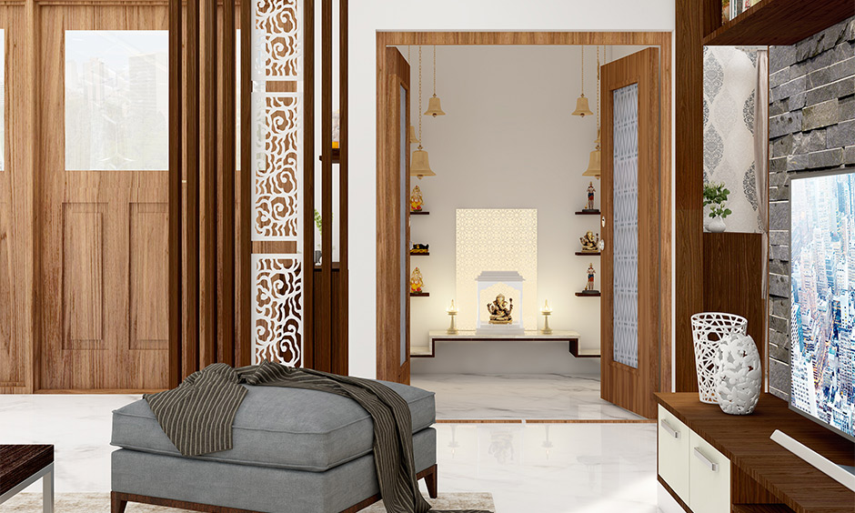 A marvelous small pooja room designs in small apartments with white marble flooring 