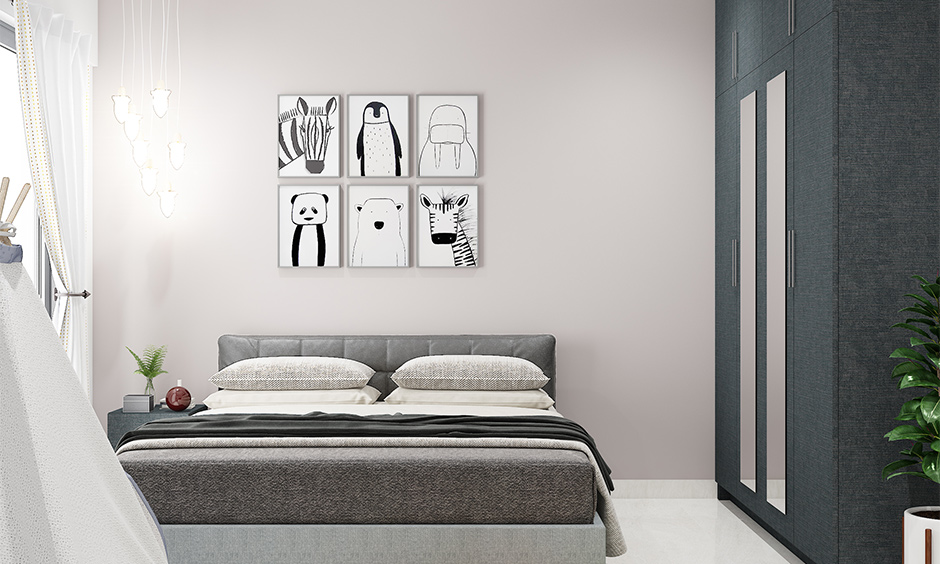 A play of shades with grey and white bedroom which creates an illusion of variety