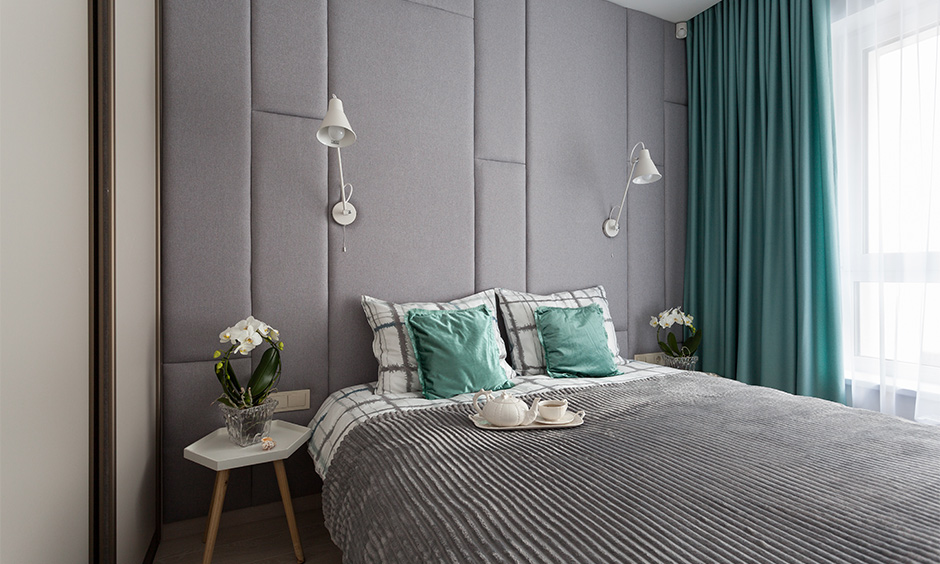 Aqua blue paint colour, small bedroom decorated with aqua blue pillows and curtain look utterly stylish.