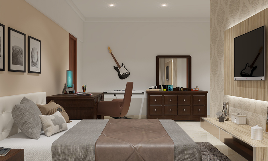 Classic brown wooden dressing table colour with the chest of drawer highlights in the bedroom.