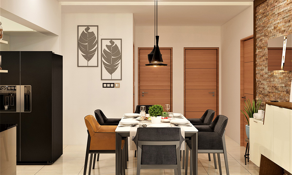 Colorful dining table in white and grey with armchair-styled seating lends luxury to the area.