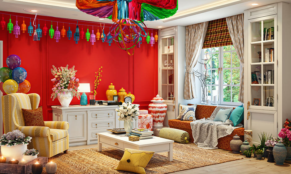 Lohri decoration at home draped the ceilings with colorful dupattas