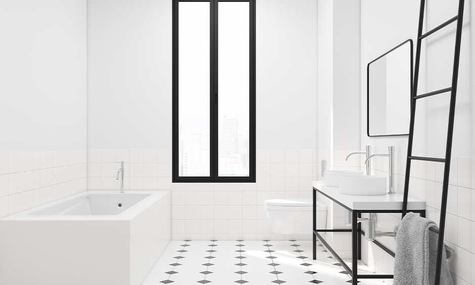 White bathroom window with black steel frame