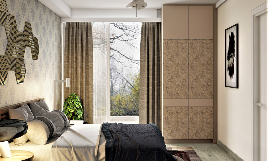 Bedroom wardrobe door decorated in beige floral patterns is decorative laminate for wardrobe.