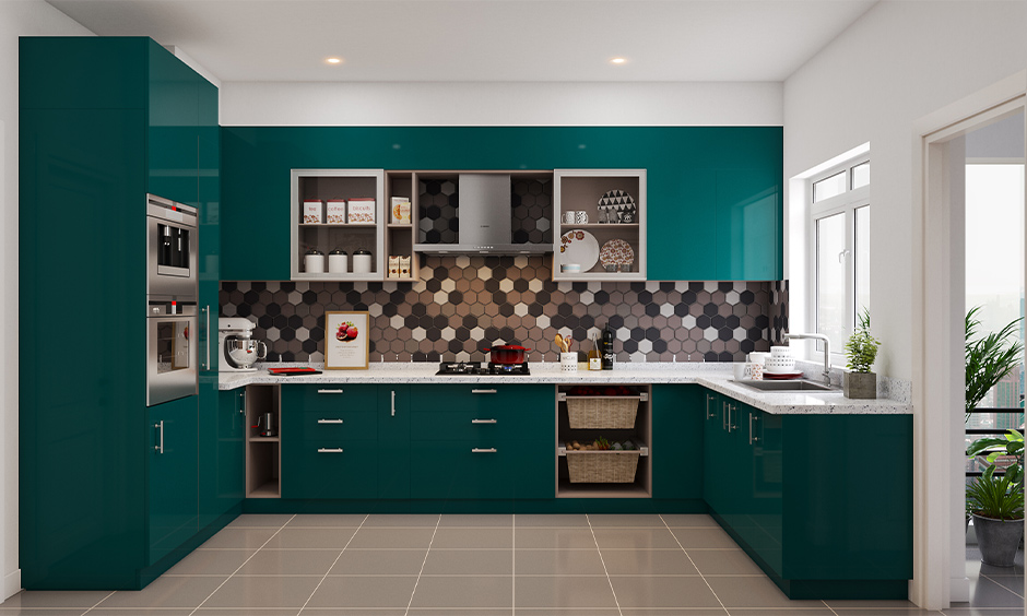 Different types of kitchen storage units with green laminate drawers, tall units and cabinets look adorable.