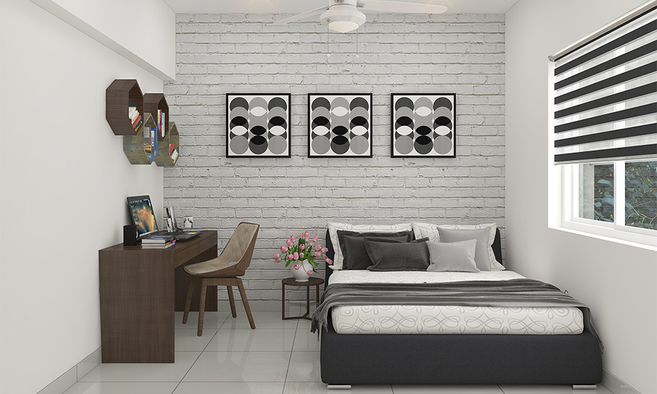 Geometric designs with grey and white pictures for bedroom with hexagonal bookshelves