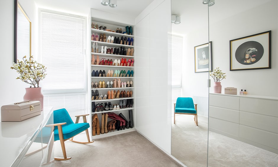 Wooden shoe rack design built-in along with the wardrobe