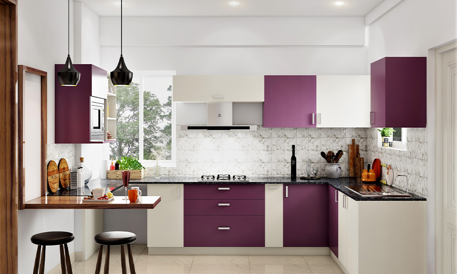 U-shaped kitchen cupboard colour combination in grape and white looks very modern and stylish