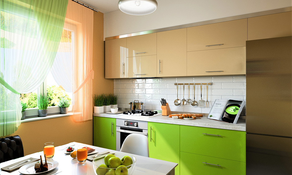 Kitchen cupboard colour scheme in lime green and cream combination brings nature touch