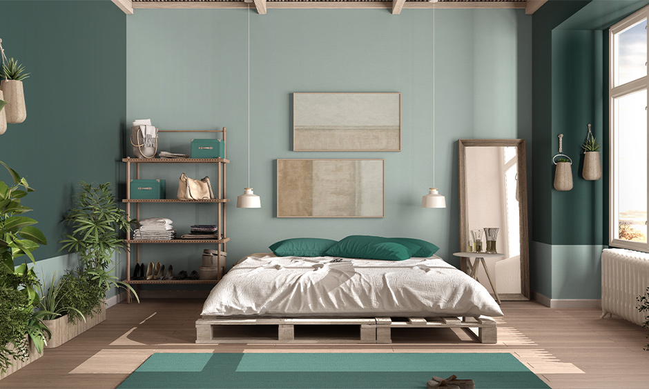 Interior wall painting idea for the bedroom, dual-tone green coloured walls in bedroom look refreshing.