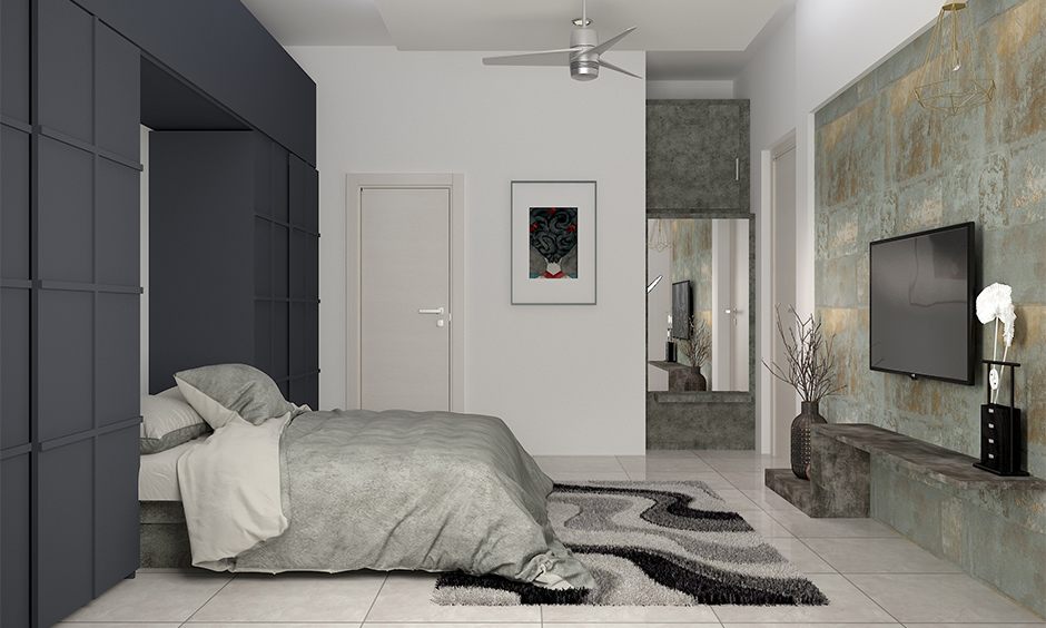 Grey and white bedroom theme with different textures and whimsical painting