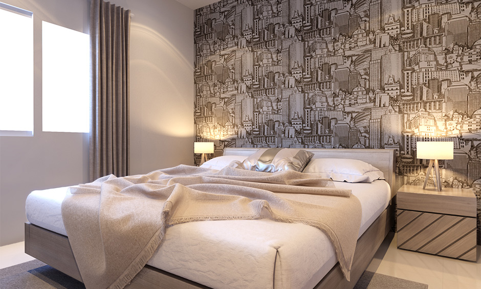 Grey and white bedroom ideas with wallpaper which adds a wow factor to the space