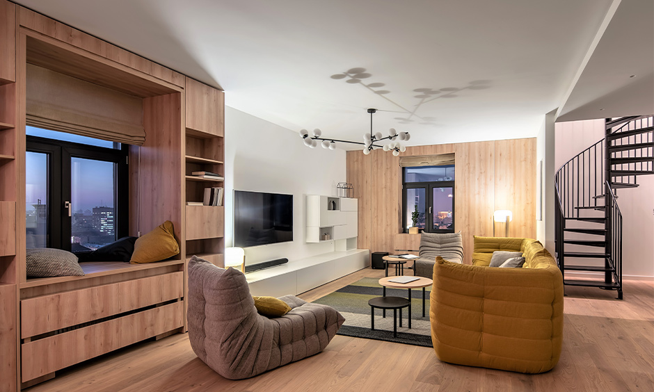 White modern hall furniture design with sofa set and grey armchairs look chic.