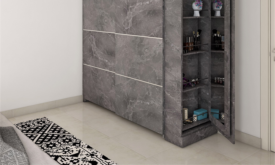 Home decor wardrobe, Grey coloured wardrobe designed with a secret side compartment in the bedroom.