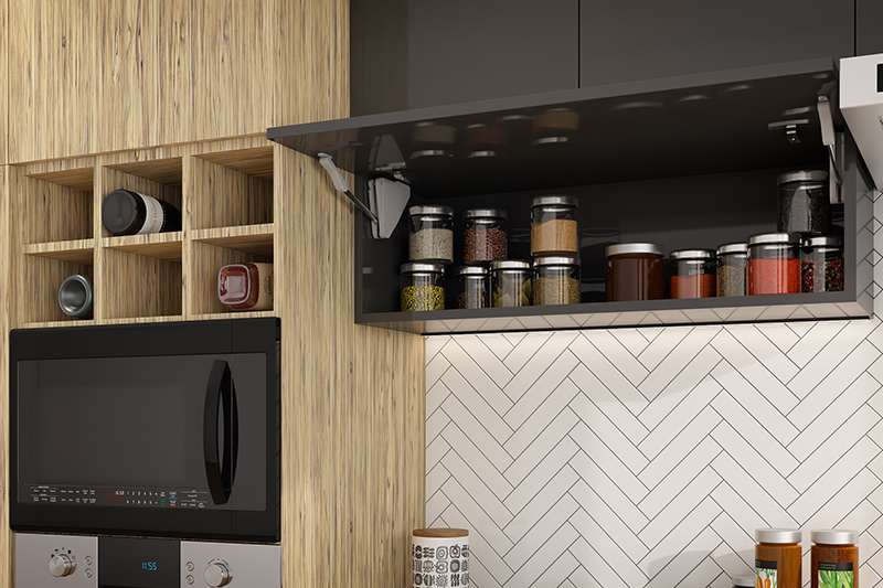 Kitchen rack idea, Wall-mounted jar rack with push to open door is easy to reach and plenty of storage.