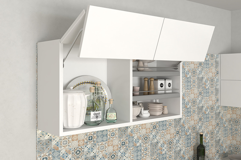 Modular kitchen with lift-up kitchen rack in the white laminate finish with plenty of storage.