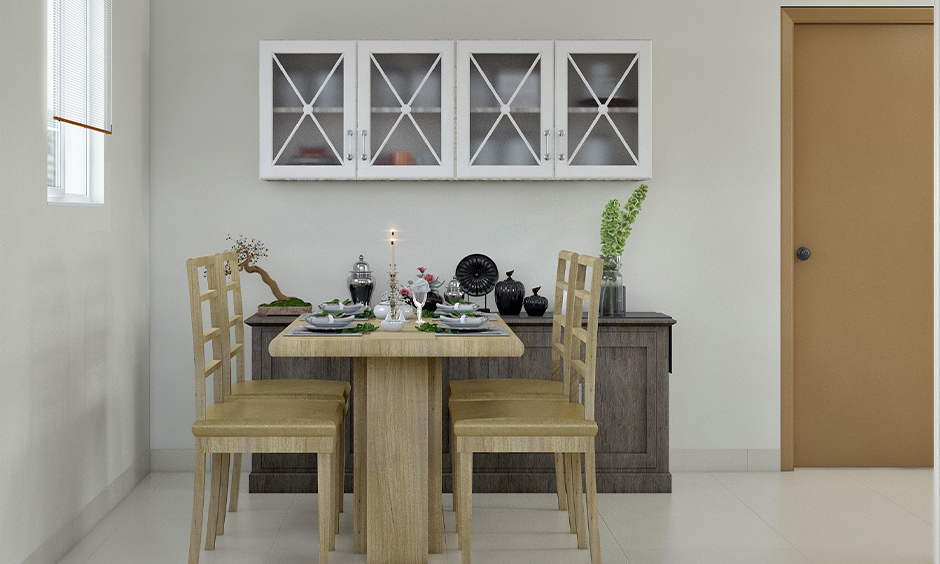 Dining room table color, White dining room with light colour wooden dining table and chairs looks simple yet pretty.