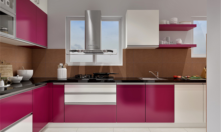 Kitchen cupboard colour, a combination of magenta and off-white cupboard colour lends a bold vibe