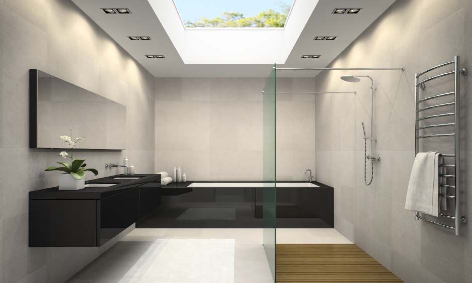 Modern bathroom false ceiling with open glass design to flow natural light.