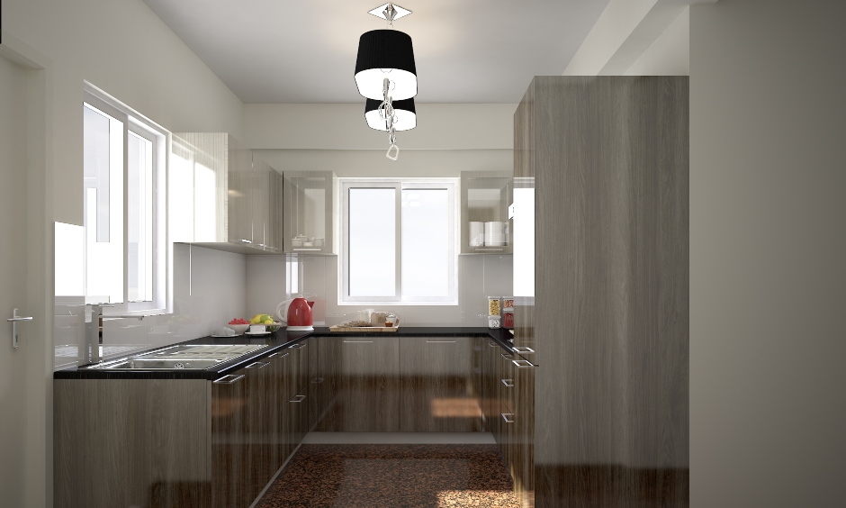 Modern two black colour hanging kitchen lights in the parallel kitchen