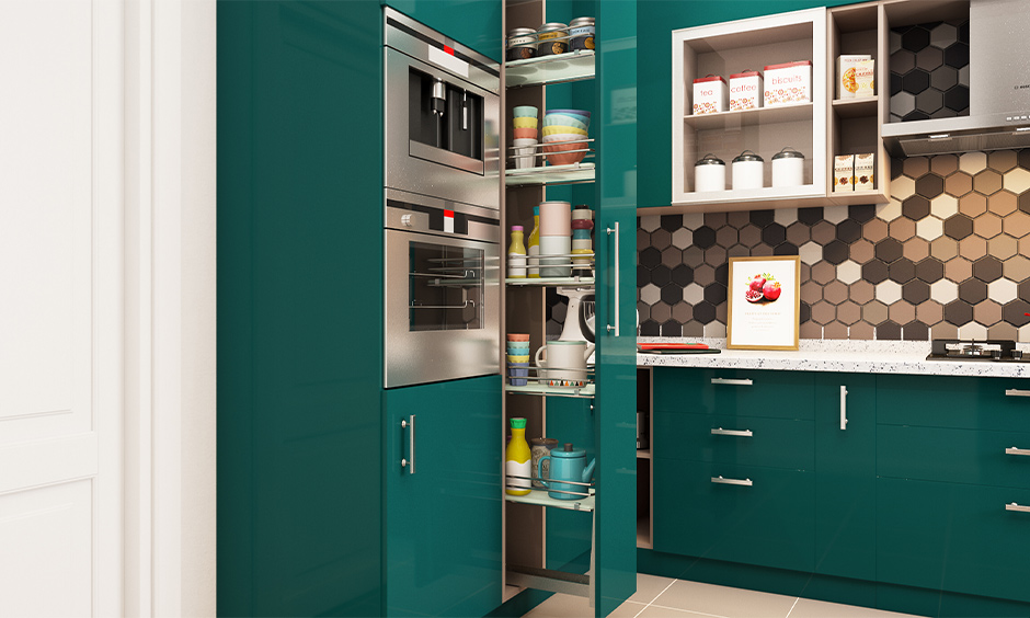 Tall oil pull-out unit designed to store oil jars, condiments and glass bottles is a cool kitchen storage solution