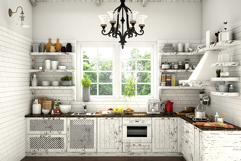 Open kitchen storage racks, White kitchen with storage racks designed and looks rustic.