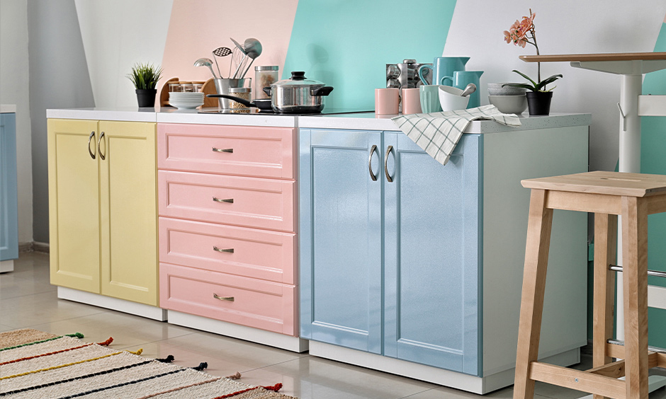 Latest kitchen cupboard colour, pastel-shaded cupboard colour brings warmth to the area