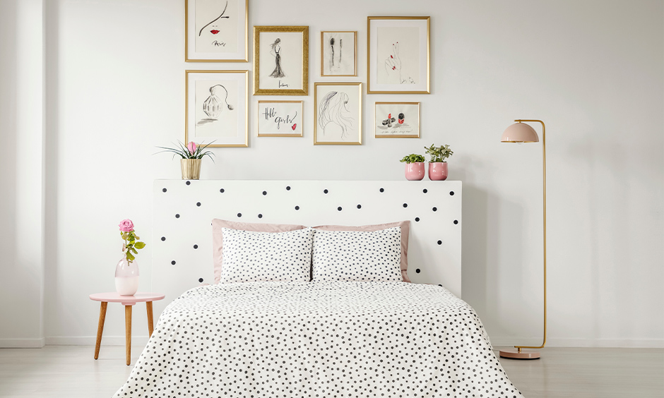 White colour bed design with polka dots 