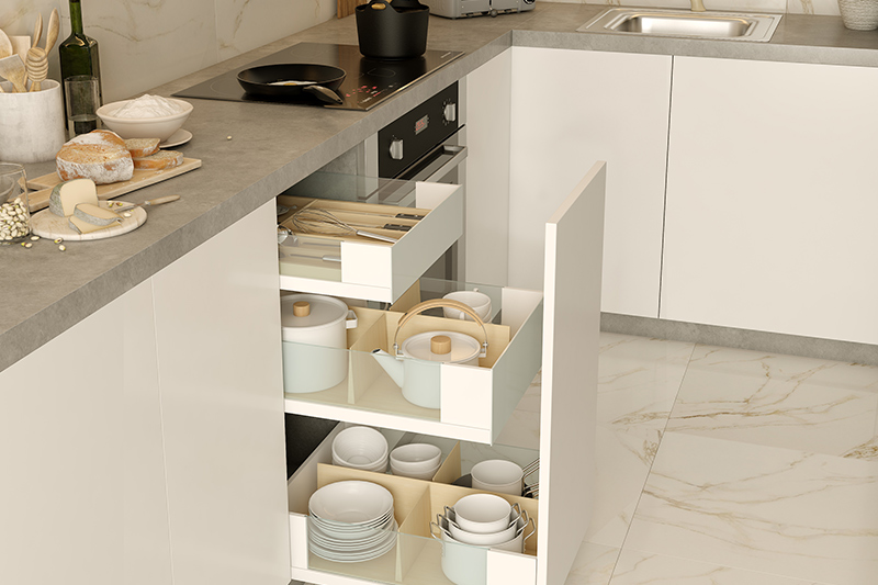 Kitchen drawer rack, Modular kitchen with pull-out drawer in a white laminate finish easy to access and store.