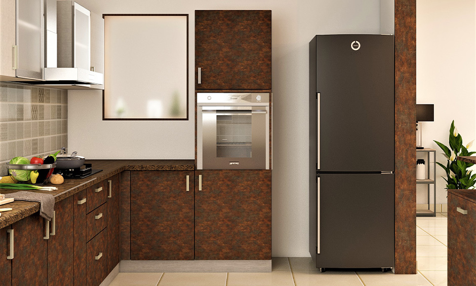 Kitchen cupboard doors coloured in rustic brown paired with cream flooring looks industrial.