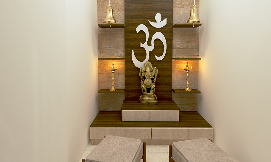 Small pooja room designs in apartments constructed with a wooden back feature wall